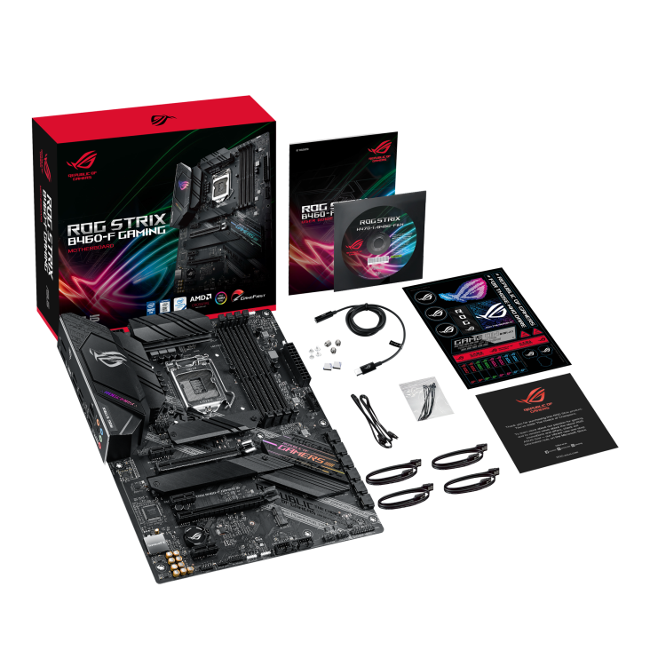 ROG STRIX B460-F GAMING top view with what’s inside the box