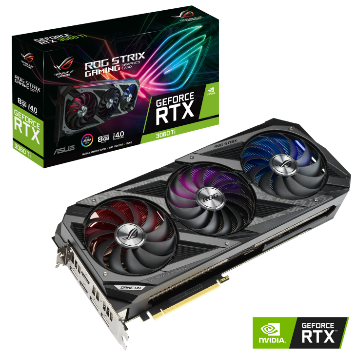 ROG-STRIX-RTX3060TI-8G-GAMING graphics card, front view with NVIDIA logo