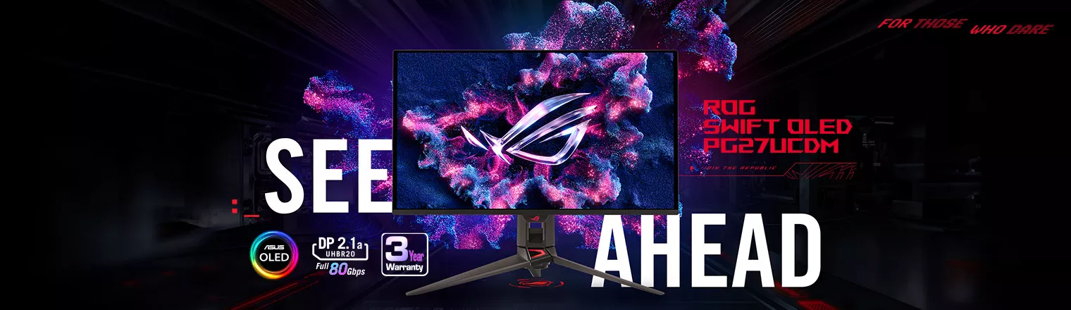 The ROG Swift OLED PG27UCDM monitor displaying vibrant, colorful graphics with the ROG logo at its center. The background features abstract, colorful elements with a tagline "SEE AHEAD" across the screen.