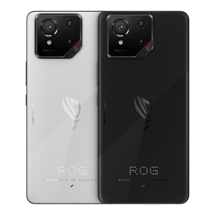 Two ROG Phone 9 Phantom Black and Storm White angled view from back.