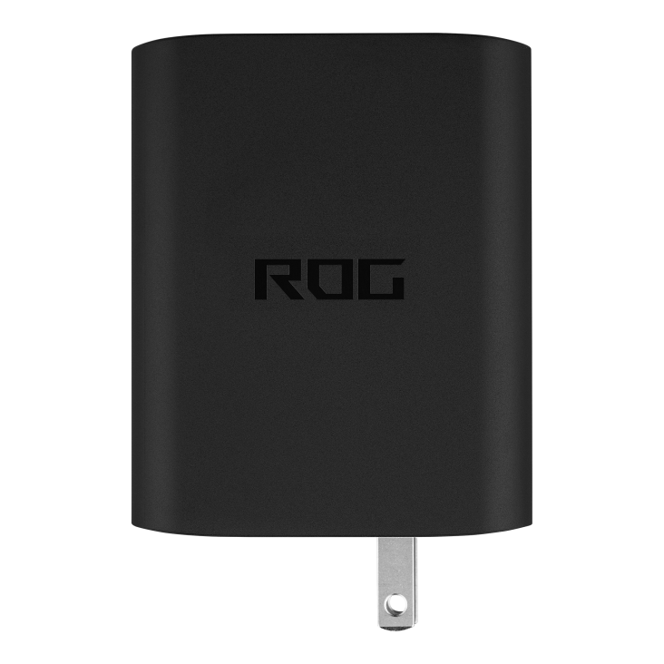 Side view of a black USB charger with two prongs for plugging into an outlet and a ROG brand logo on the front