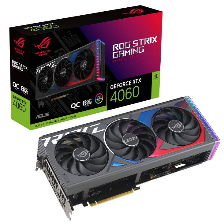 ROG STRIX GeForce RTX 4060 OC Edition packaging and graphics card