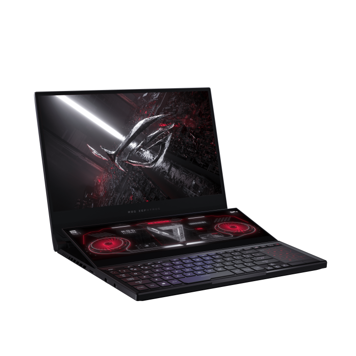 Off center front view of the ROG Zephyrus Duo 15 Special Edition with the ROG logo on screen.