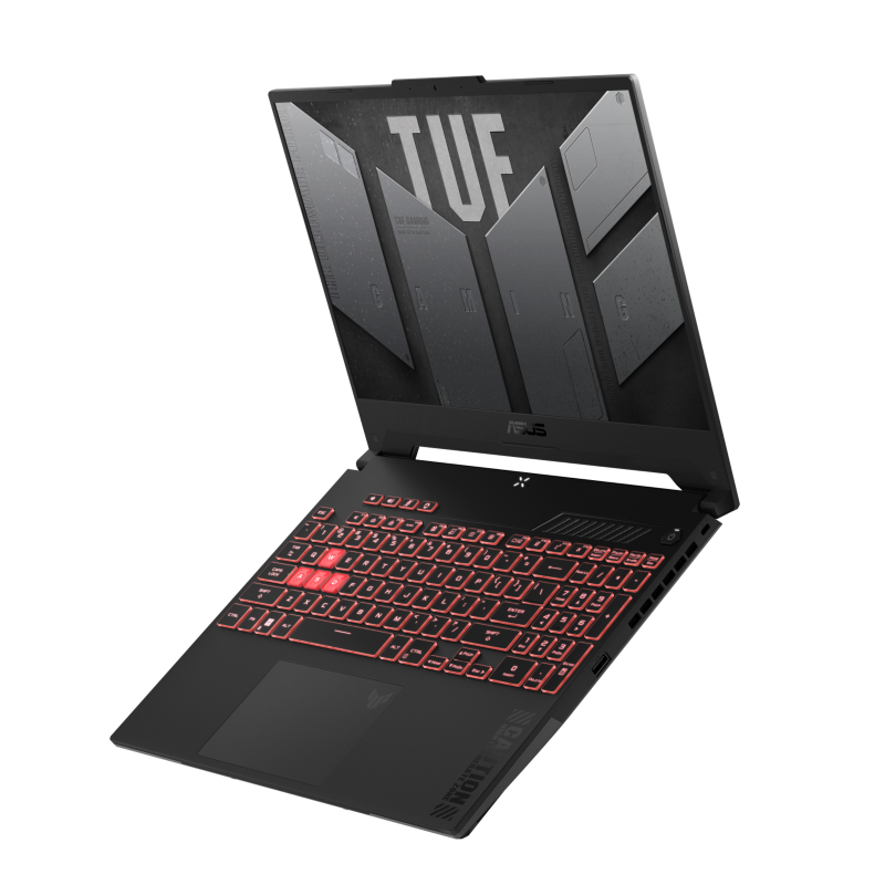 2023 TUF Gaming A15 Off center view of the TUF A15, with the TUF logo on screen and the keyboard illuminated in red5, with the red