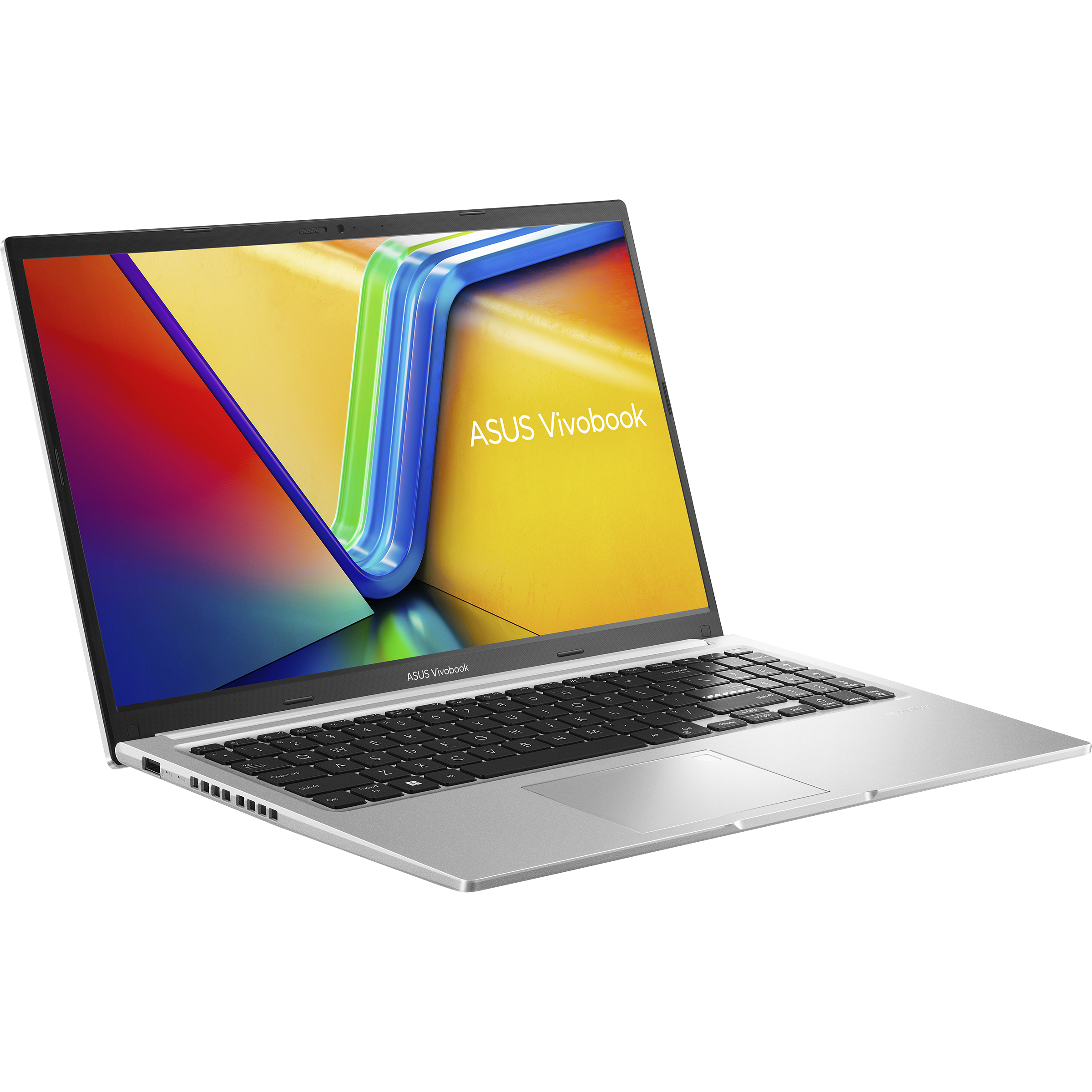 Cool Silver ASUS Vivobook 15 M1502 display opened from the front view, tilting at 45-degree from the left side.