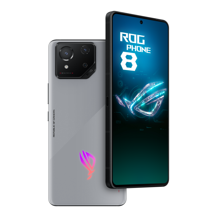 ROG Phone 8 in Rebel Grey angled view from front and the other ROG Phone 8 in Rebel Grey angled view from back, tilting at 45 degrees