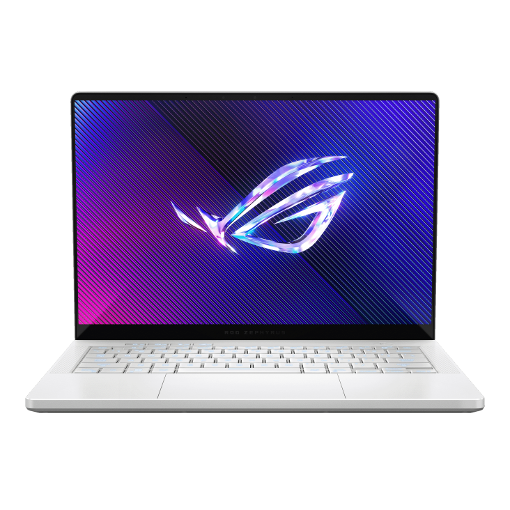 Front view of the Zephyrus G14, with the ROG Fearless Eye logo on screen