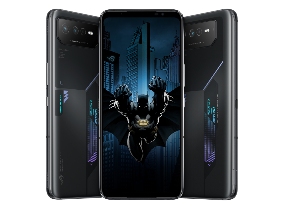 ROG Phone 6 BATMAN Edition angled view from front and the other two BATMAN Edition angled view from back, tilting at 45 degrees