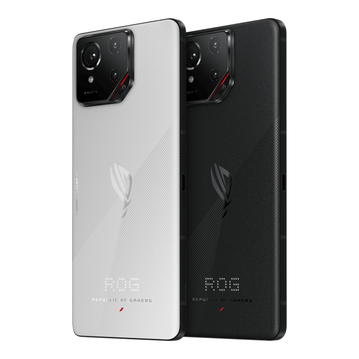 Two ROG Phone 9 Phantom Black and Storm White angled view from back, tilting at 45 degrees.