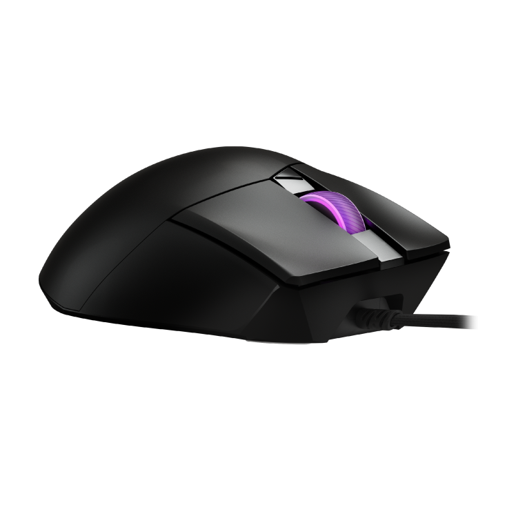 Angled rear-left view of the ROG Gladius III Core, highlighting the curvature and rear lighting accents.