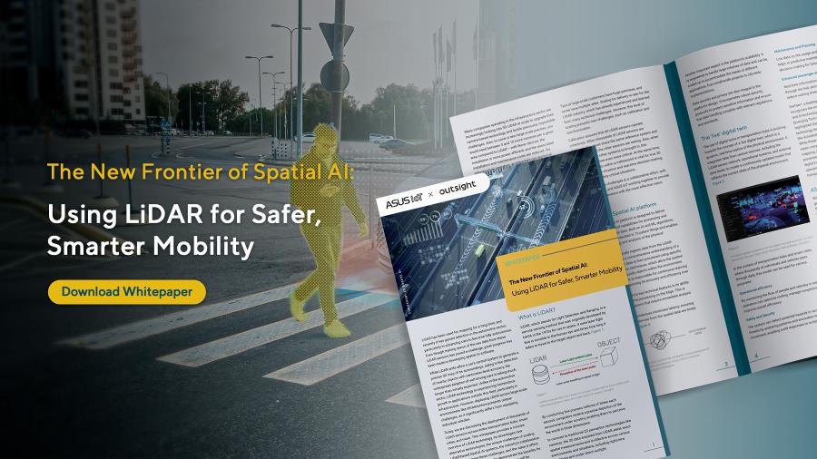 City street with a crosswalk, a yellow-outlined pedestrian figure, and an open booklet showing diagrams and text, with a 'Download Whitepaper' button and the title 'The New Frontier of Spatial AI: Using LiDAR for Safer, Smarter Mobility’