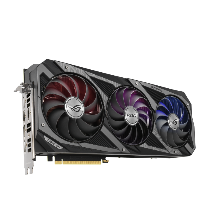 ROG-STRIX-RTX3070-O8G-GAMING graphics card, angled top down view, highlighting the fans, ARGB element, and I/O ports