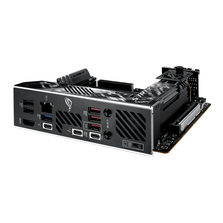 ROG STRIX Z890-I GAMING WIFI lie flat, viewed from the I/O ports side