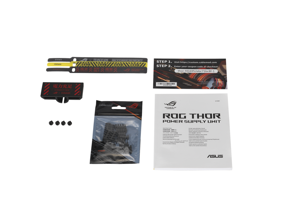 Accessories and quick start guide for the ROG Thor 1000W Platinum II EVA Edition PSU