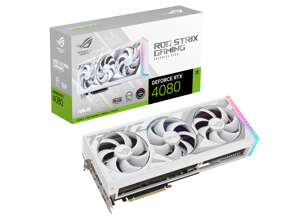 ROG Strix GeForce RTX 4080 White Edition packaging with graphics card
