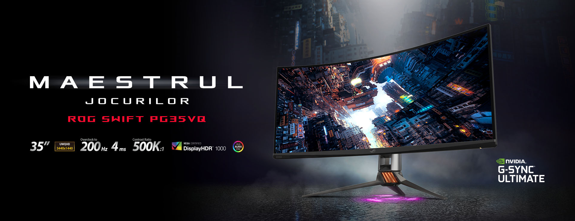 Monitor Gaming ROG Swift PG35VQ deschis cu fundal cladiri cyberpunk orientat spre stanga