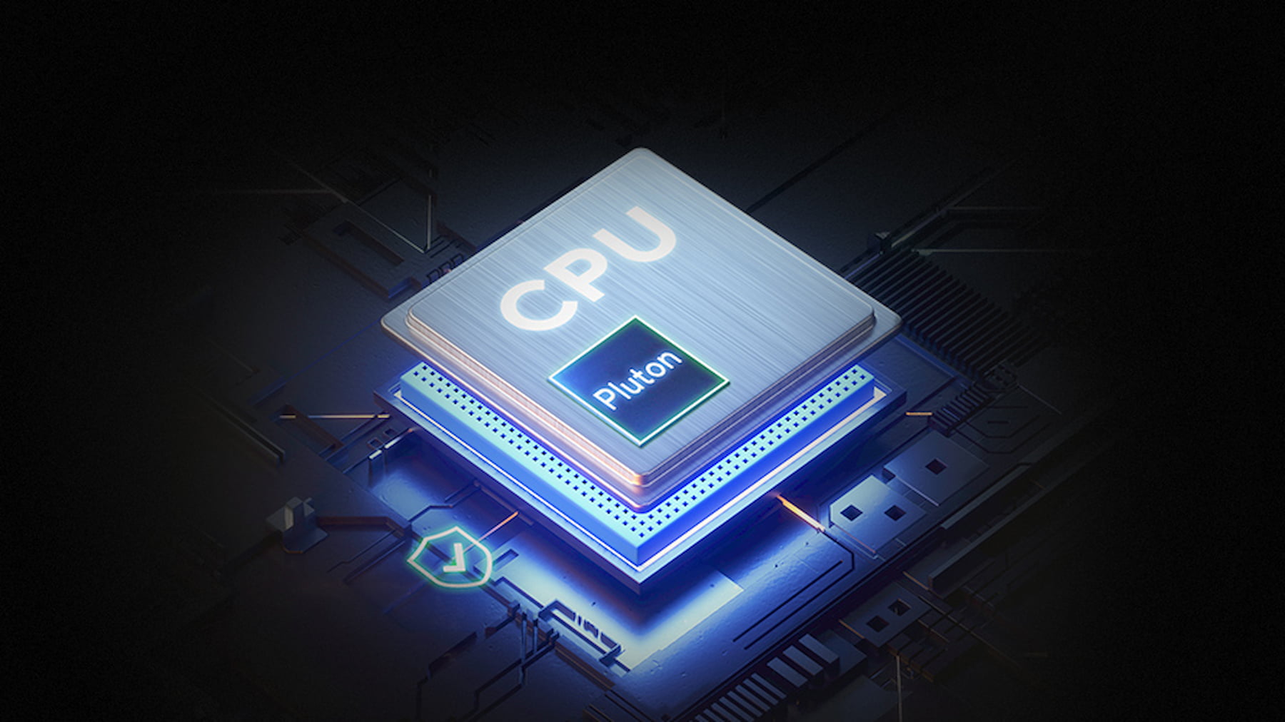 Imagem representativa de uma CPU moderna com tecnologia Pluton, destacando o chip do processador brilhando em azul sobre um núcleo de processamento do notebook