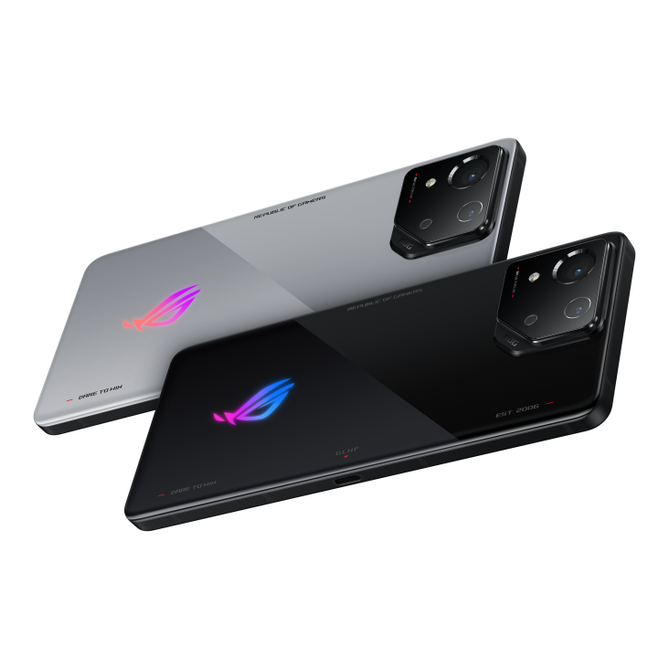 Two ROG Phone 8 in both Phantom Black and Rebel Grey angled view from back in landscape orientation