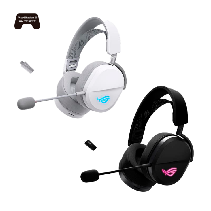 The front view of ROG Pelta in both black and Moonlight White edition angled from right with dongles and PlayStation 5 logo