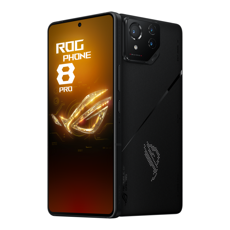 Two ROG Phone 8 Pro angled view from both front and back, tilting at 45 degrees