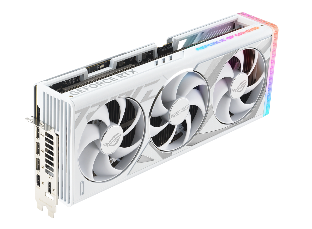 Angled top down view of the ROG Strix GeForce RTX 4090 white edition graphics card highlighting the fans, ARGB element, and IO ports2