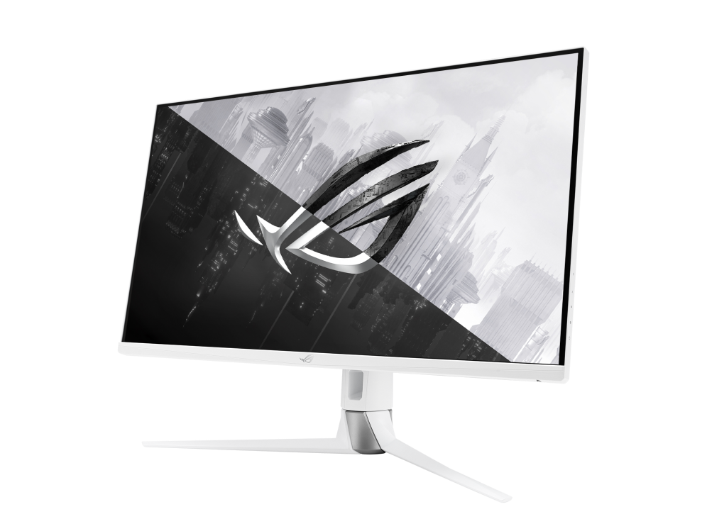 ROG Swift PG329Q-W product photo with front, back, side and tilt angle.