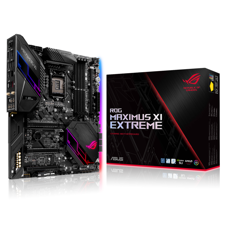ROG MAXIMUS XI EXTREME angled view from left with the box