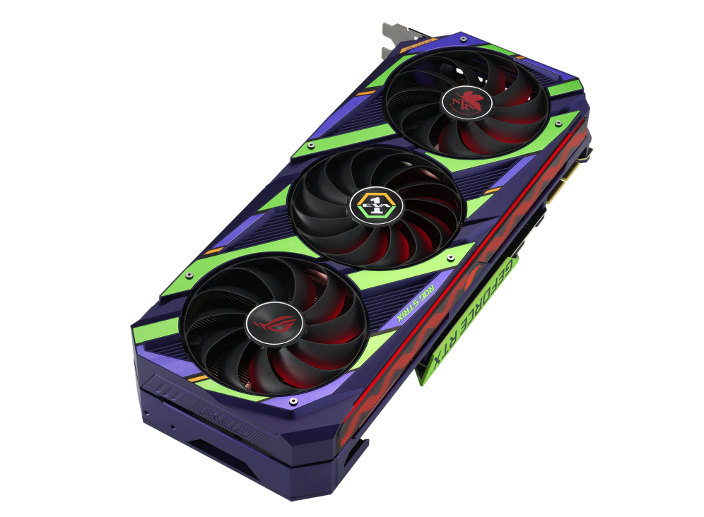 Highlighting the axial-tech fans and ARGB element of the ROG Strix GeForce RTX 3090 EVA Edition graphics card