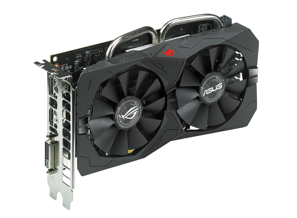 ROG-STRIX-RX560-4G-GAMING graphics card, angled top down view, highlighting the fans, ARGB element, and I/O ports