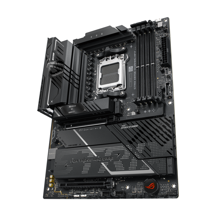 ROG STRIX X870E-H GAMING WIFI7 front view, tilted 45 degrees