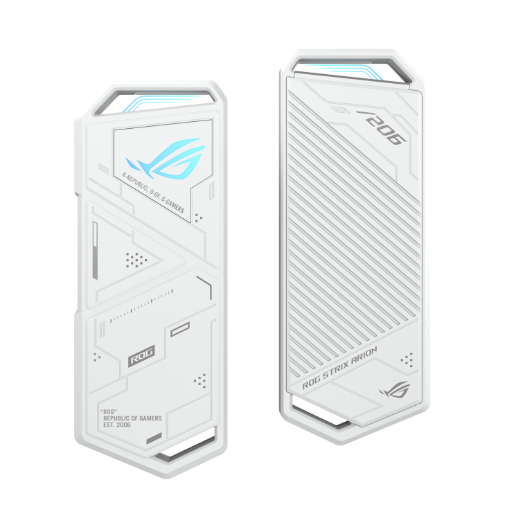 ROG Strix Arion white front and rear view in row, with AURA lighting