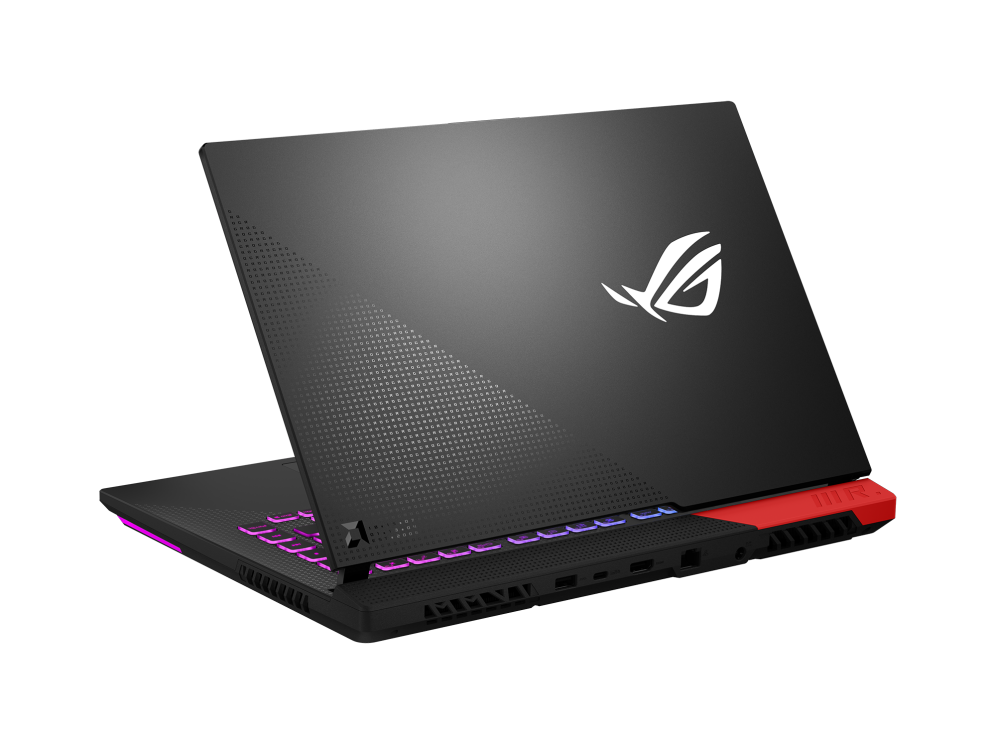 Off center rear view of the ROG Strix G15 Advantage Edition, with the lid raised to 45 degrees.