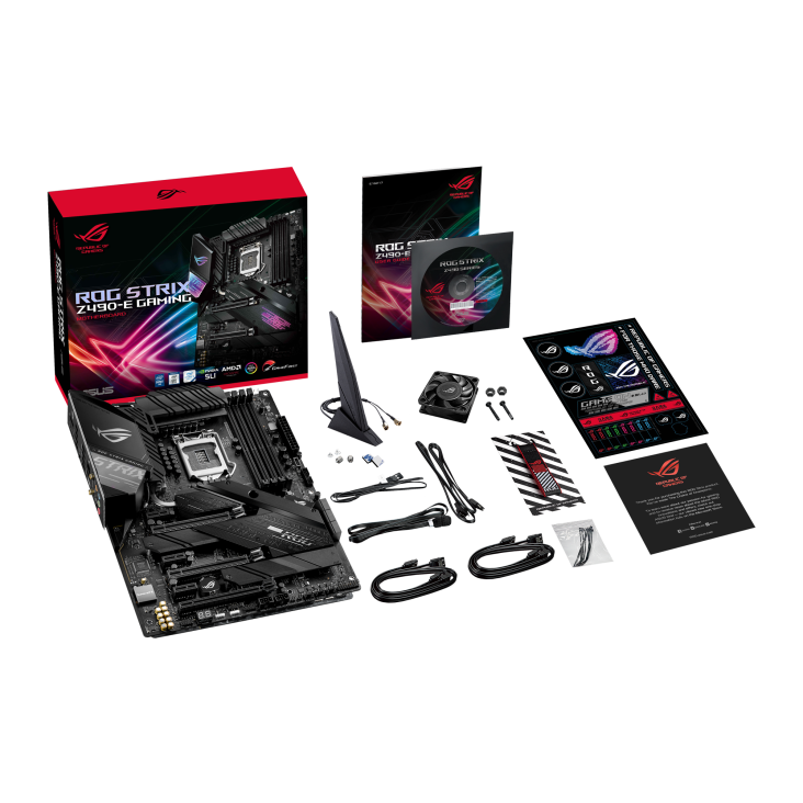 ROG STRIX Z490-E GAMING top view with what’s inside the box