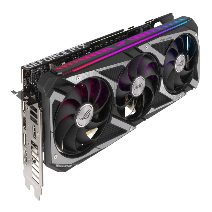 ROG-STRIX-RTX3060-12G-GAMING graphics card, angled top down view, highlighting the fans, ARGB element, and I/O ports