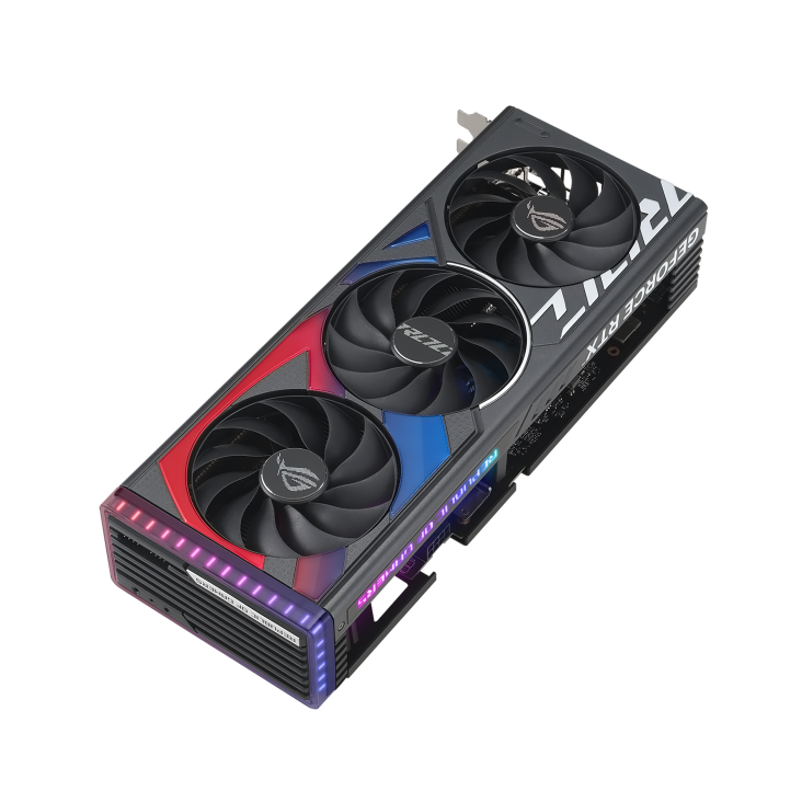 ROG STRIX GeForce RTX 4060 Ti 16GB OC Edition 45 degree top-down view with focus on top side