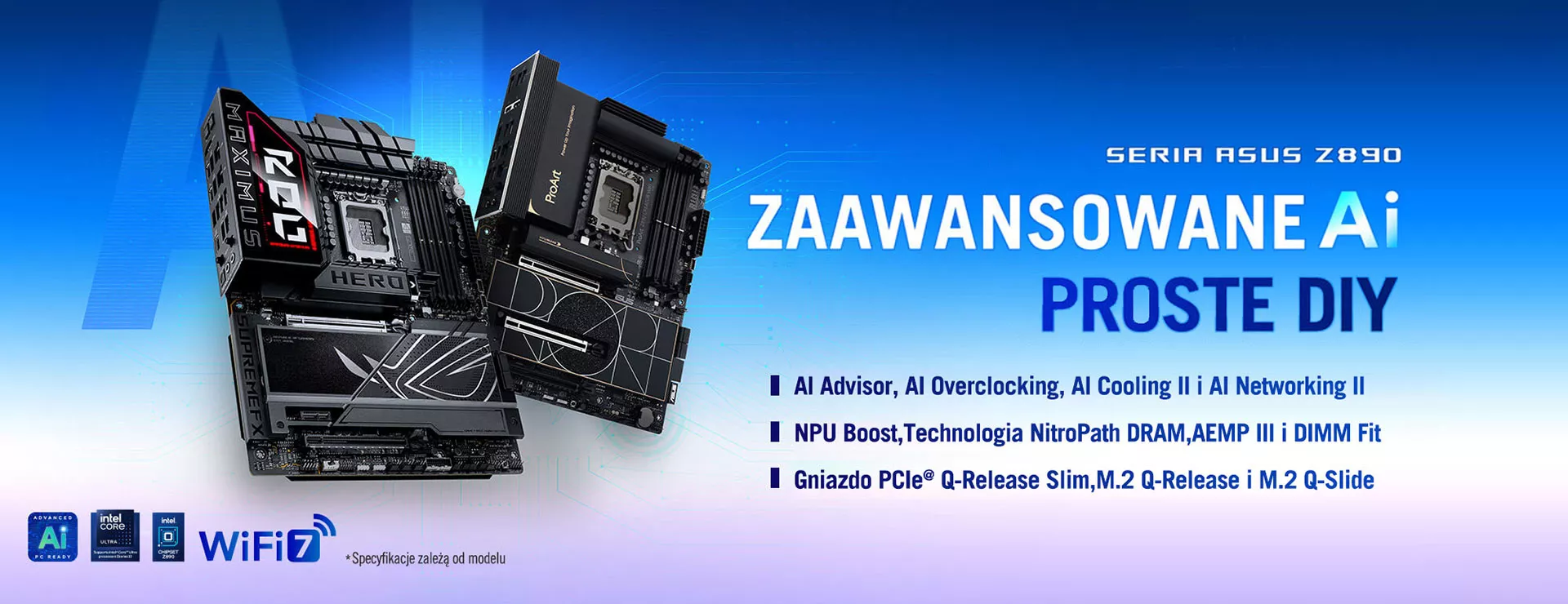 New Intel Z890 Series Motherboards showcasing ROG Maximus Z890 Hero​ and ProArt Z890 Creator WiFi​ with the focus on innovative AI solutions.