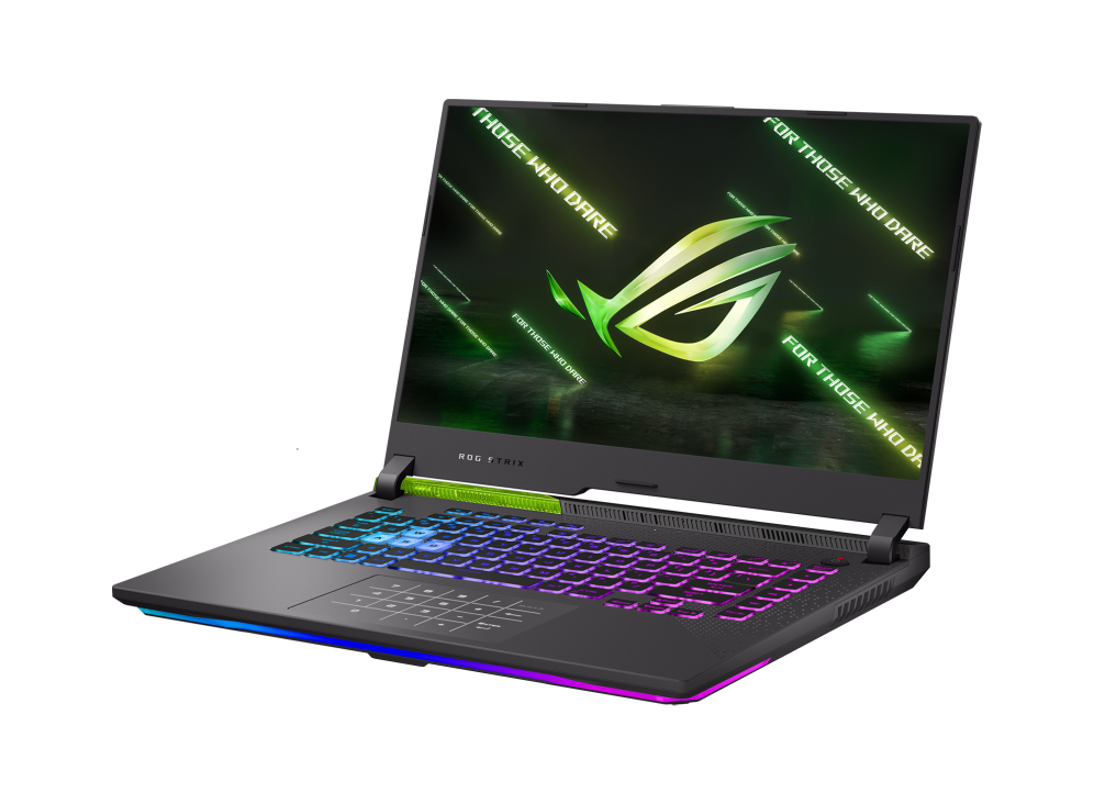 Off center front view of the Strix G15, with ROG logo on screen and RGB illuminated.