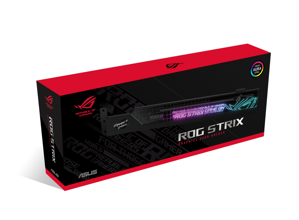 Colorbox of ROG Strix Graphics Card Holder, front view with Aura Sync logo