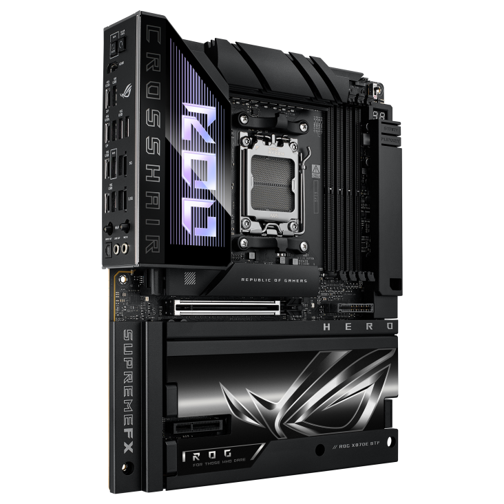 ROG CROSSHAIR X870E HERO BTF angled view from left