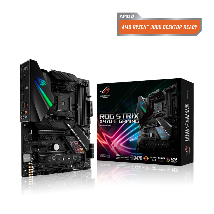ROG STRIX X470-F GAMING angled view from left with the box
