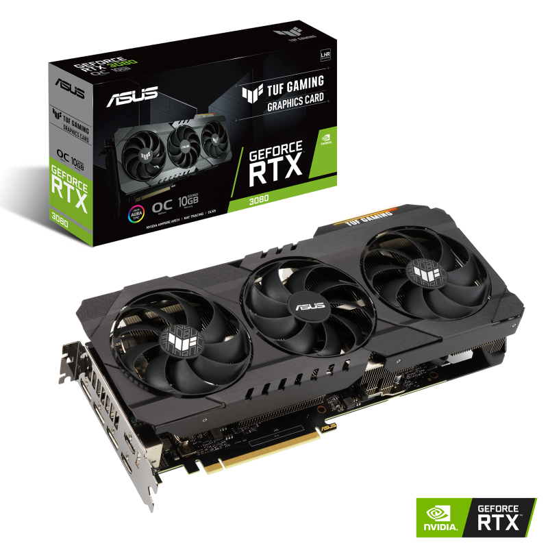 TUF Gaming GeForce RTX 3080 V2 OC edition Packaging and graphics card