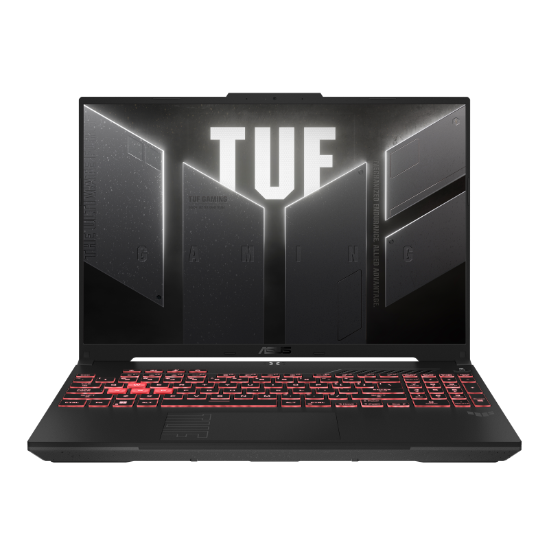 2024 TUF Gaming A16 Front view of the TUF A16, with the TUF logo on screen and the keyboard illuminated in red