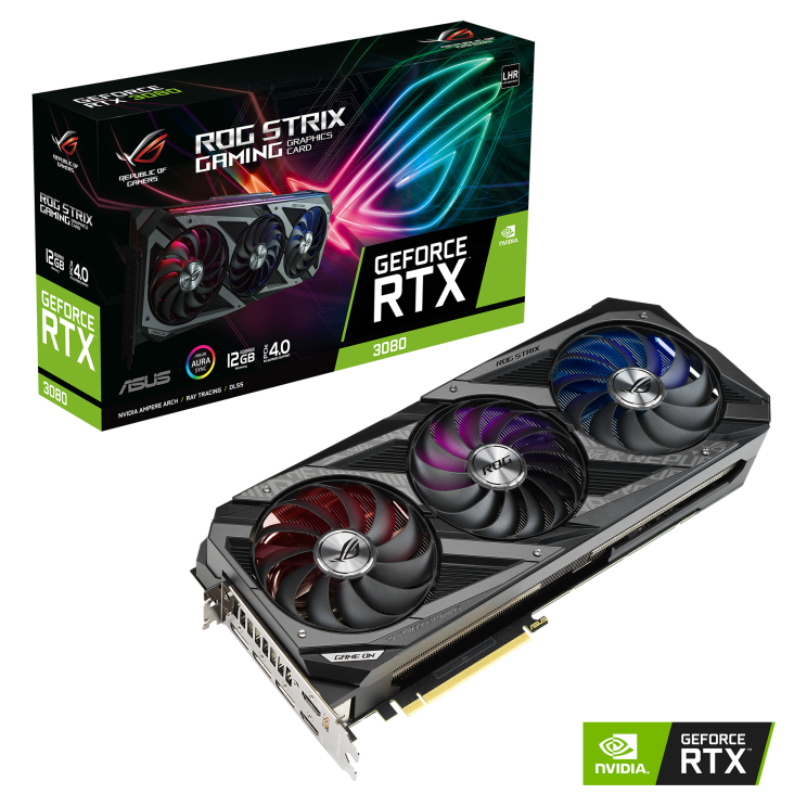 ROG Strix GeForce RTX™ 3080 graphics card and packaging with NVIDIA logo