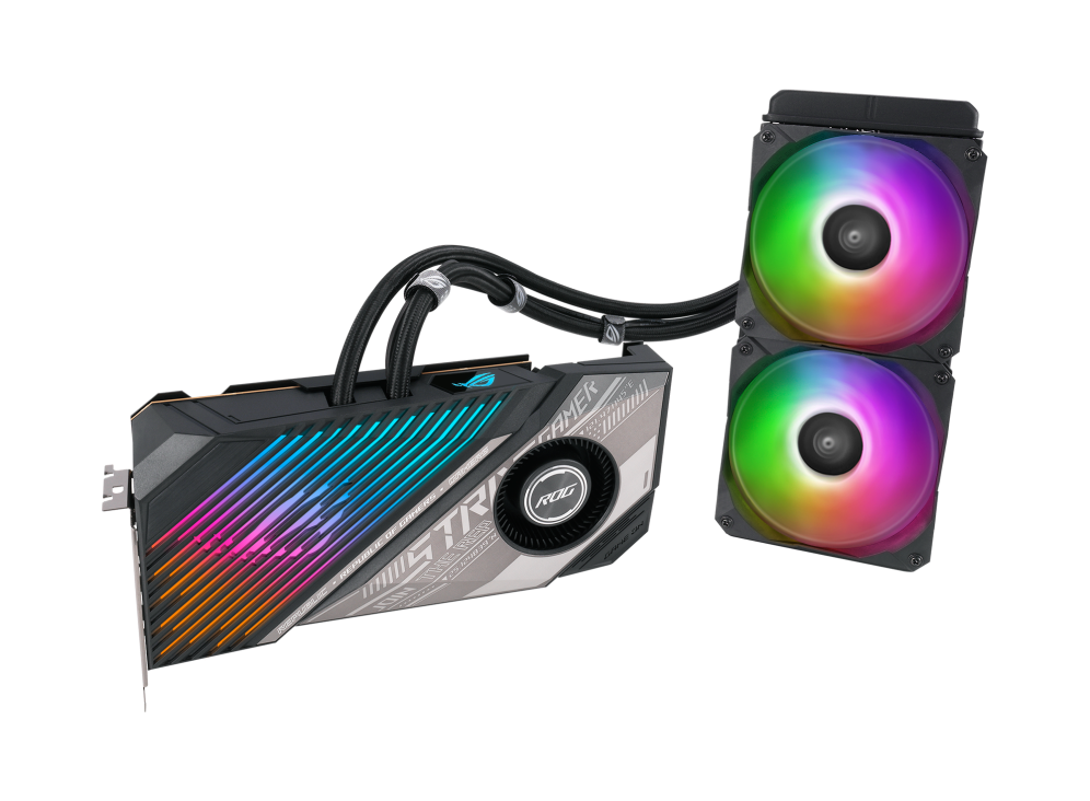 ROG Strix LC Radeon RX 6950 XT graphics card and radiator, front angled view with ARGB fans
