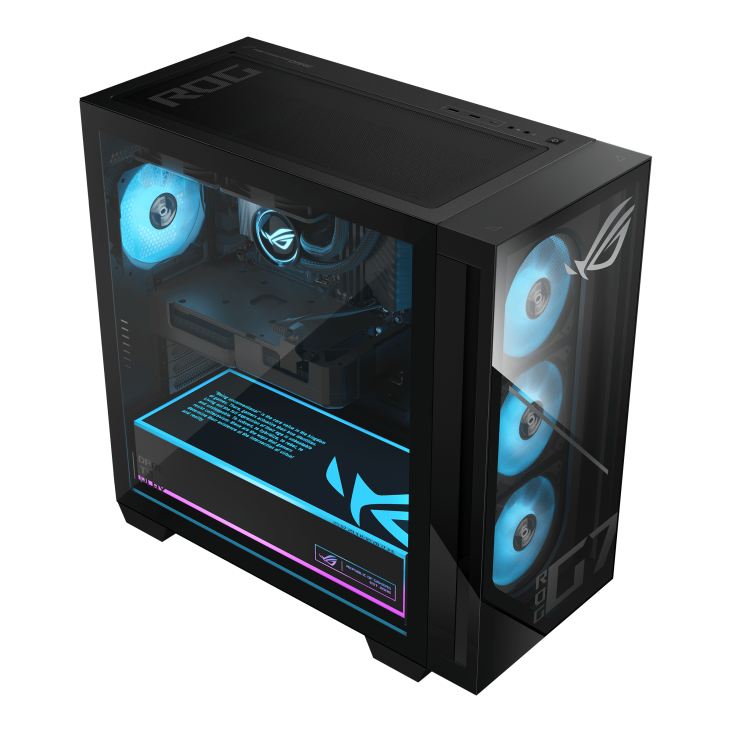 The ROG GM700 desktop is tilted to the right and viewed from above, with a transparent case revealing the internal structure of the computer