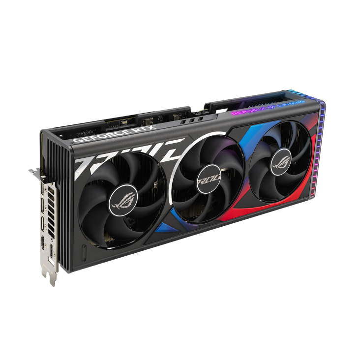 ROG-Strix-GeForce-RTX-4080-SUPER-angled-top-down-view,-highlighting-the-fans,-ARGB-element,-and-IO-ports-