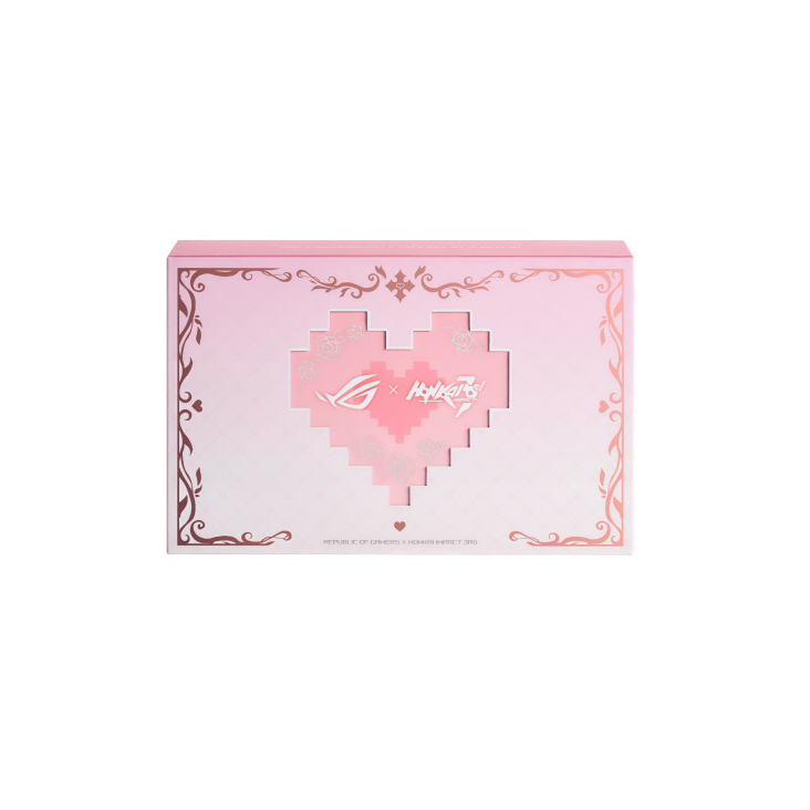 A pastel pink gift box featuring a pixelated heart pattern with ROG and Honkai Impact 3rd logos in the center, framed by delicate rose motifs and ornate edges.