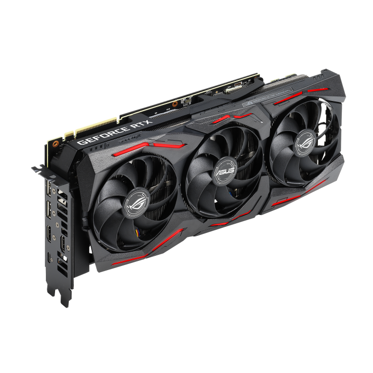 ROG-STRIX-RTX2080S-O8G-GAMING graphics card, angled top down view, highlighting the fans, ARGB element, and I/O ports