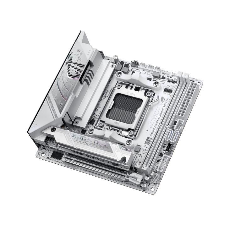 ROG STRIX B850-I GAMING WIFI7 W top-down view, tilted 45 degrees to the left