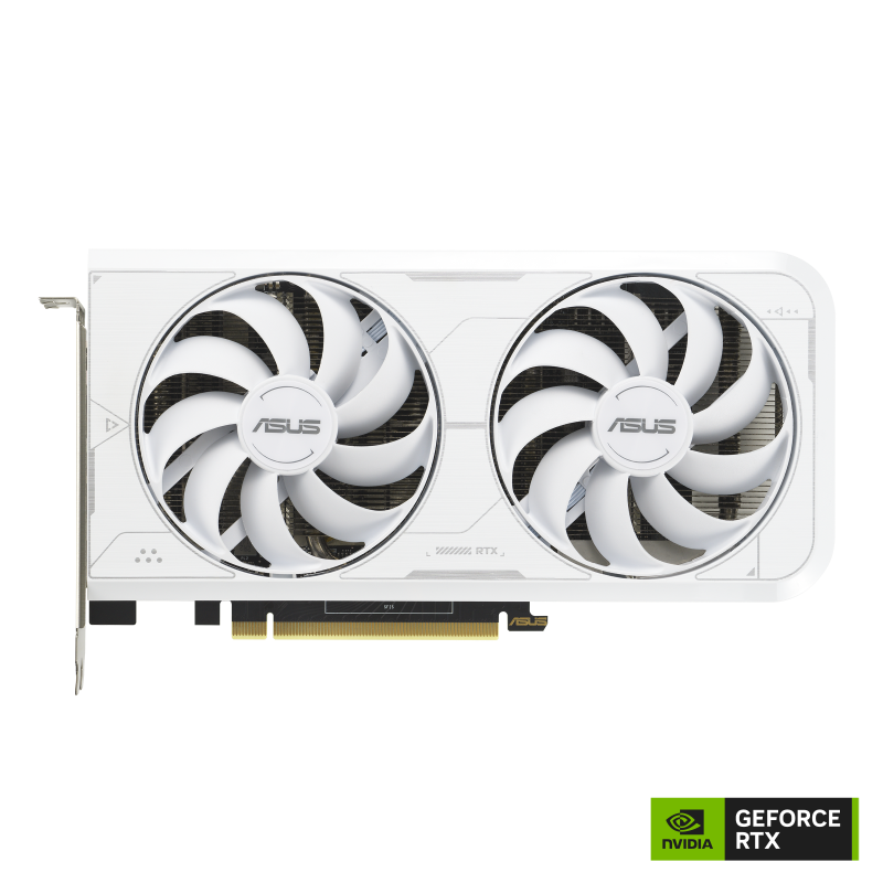 Front side of the ASUS Dual GeForce RTX 3060 Ti White OC edition graphics card with NVIDIA logo
